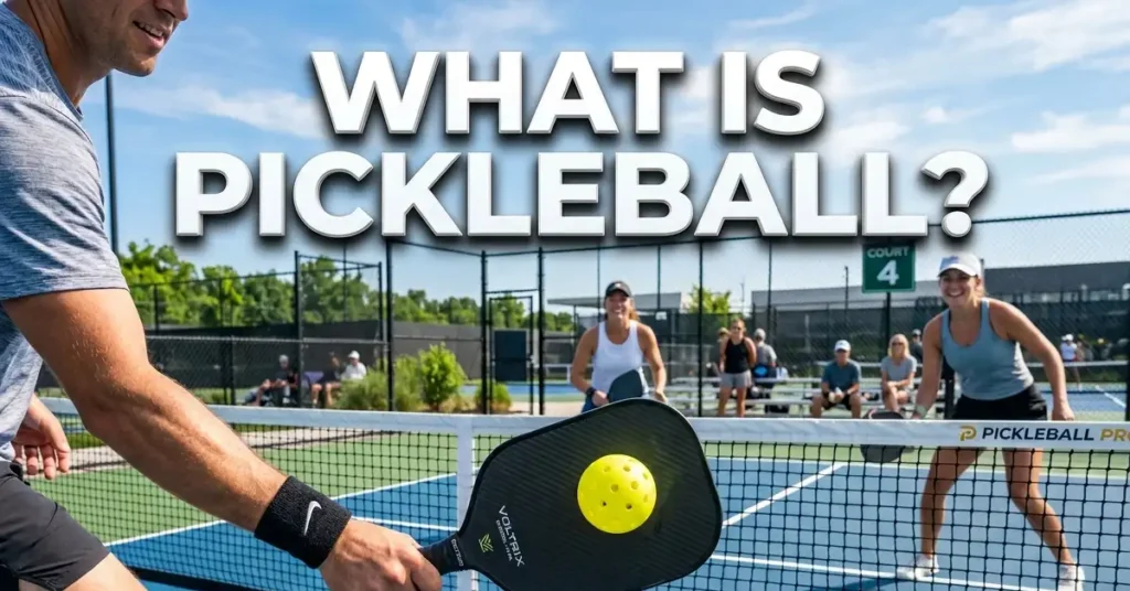 "A close-up of a man playing pickleball outdoors, hitting a yellow ball with a black paddle on a blue court, with the text 'WHAT IS PICKLEBALL?' overlaid. Represents outdoor fitness and building a healthy appetite."