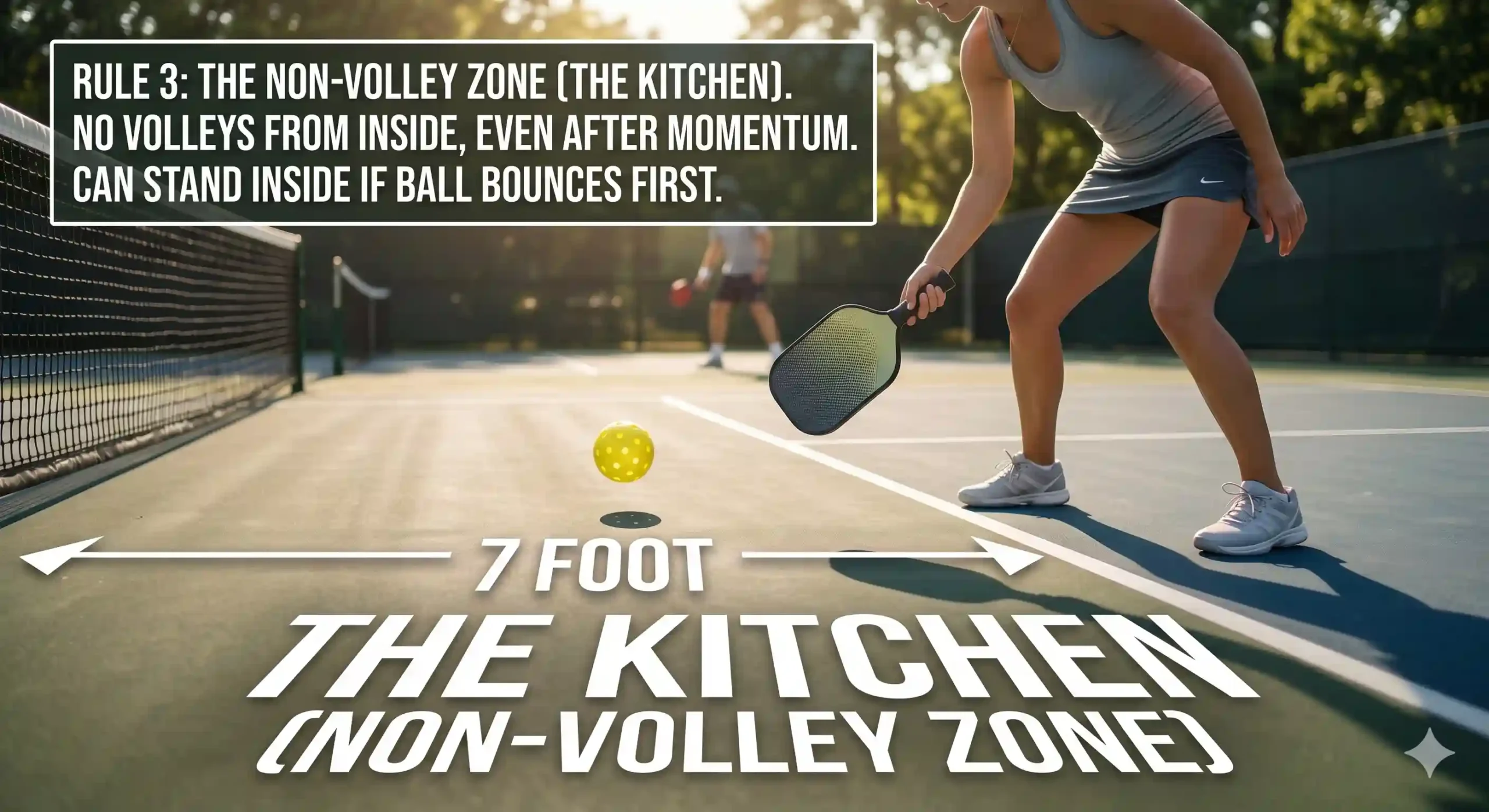 A pickleball player hitting a yellow ball after it bounces inside the 7-foot Non-Volley Zone, illustrating the essential recipe for obeying kitchen rules and avoiding volley faults