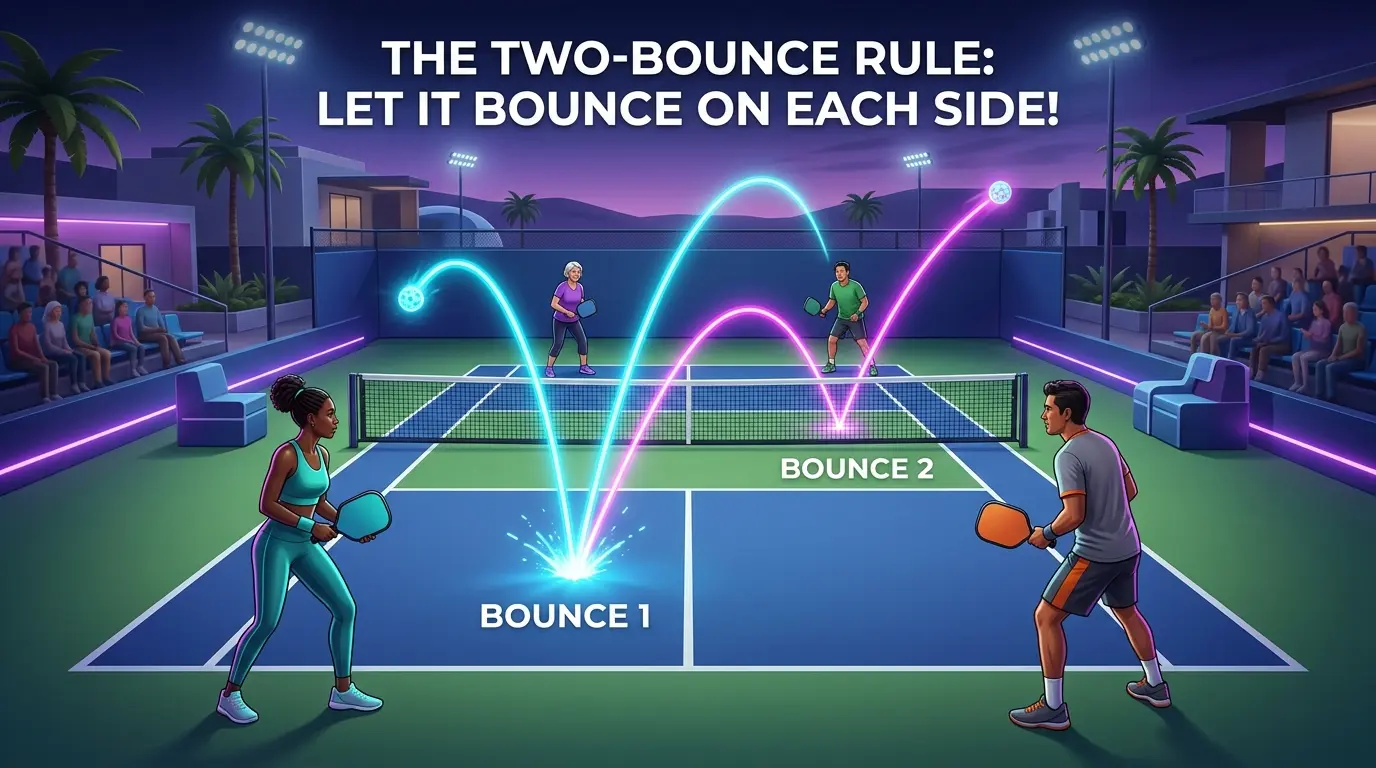 A vibrant neon illustration of a doubles pickleball match demonstrating the two-bounce rule recipe, showing a glowing ball bouncing once on the receiving side and once on the serving side.