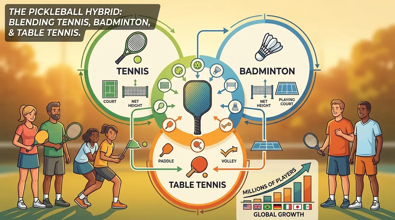 An infographic illustrating the hybrid recipe of pickleball, showing how it blends ingredients like the tennis net height, badminton court size, and table tennis paddles to create a globally growing sport.