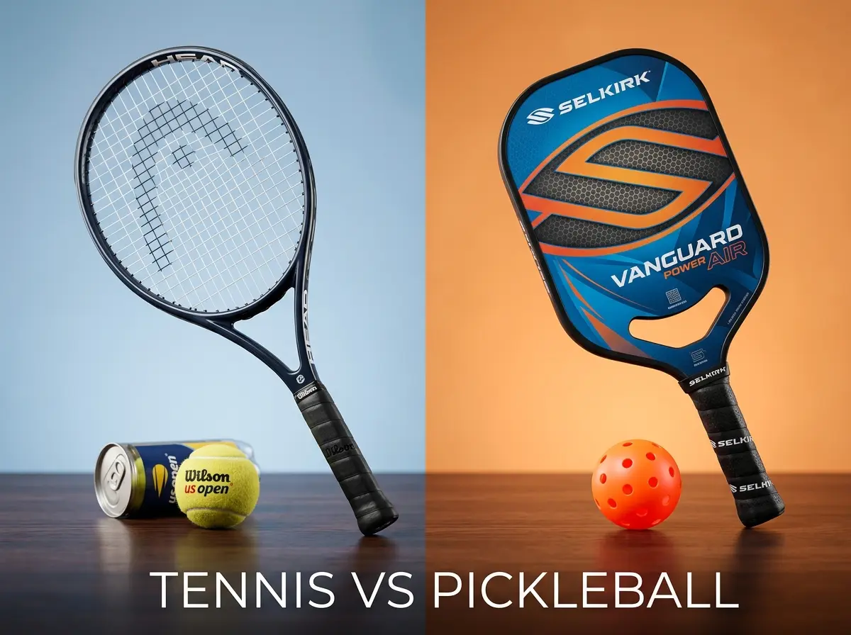 Side-by-side comparison of a Head tennis racket and Wilson ball versus a Selkirk pickleball paddle and orange ball, showing the key ingredients for both sports.