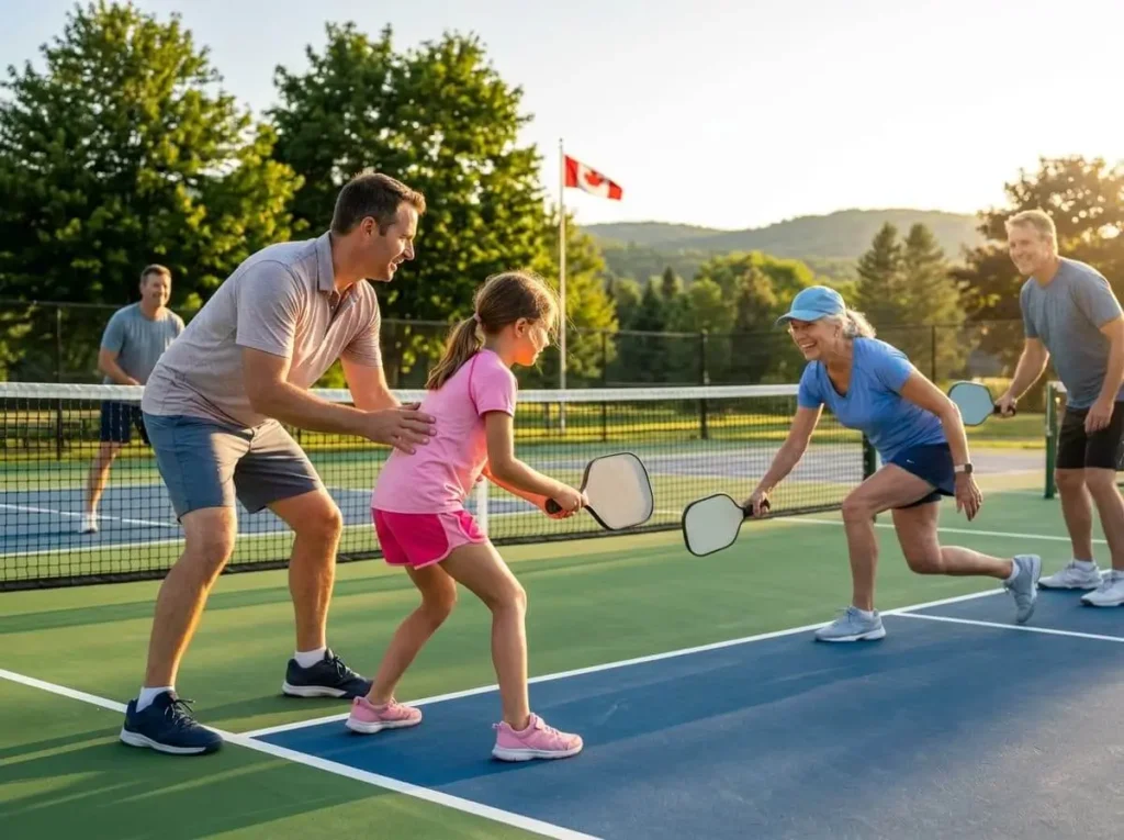 A multi-generational family playing pickleball on an outdoor court on a sunny day. A father is teaching his young daughter how to swing the paddle, while a smiling grandmother gets ready to return the ball