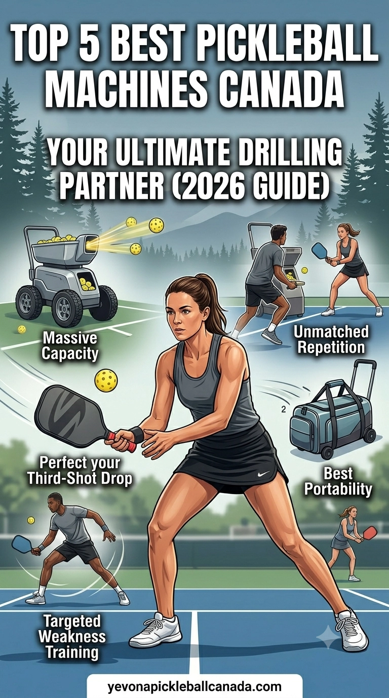An illustrated 2026 guide to the top 5 best pickleball machines in Canada. A female player is shown practicing her third-shot drop while a high-capacity ball machine fires pickleballs. Callouts highlight key machine features including massive capacity, unmatched repetition, best portability, and targeted weakness training