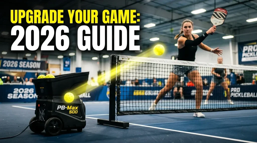 A female pickleball player practices a backhand volley against a black PB-Max 500 pickleball ball machine on an indoor blue court. The machine is firing a glowing yellow ball over the net. Large yellow and white text reads 'UPGRADE YOUR GAME: 2026 GUIDE'. The background features '2026 SEASON' and 'PRO PICKLEBALL' tournament banners.